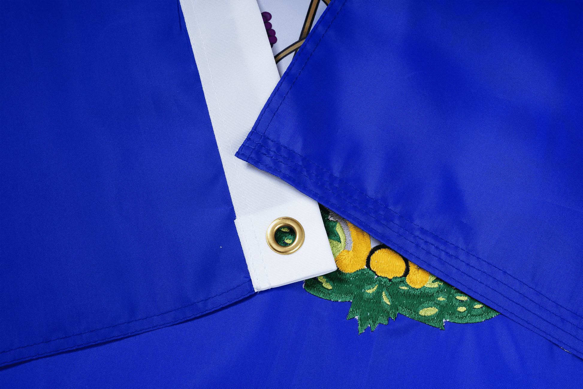 Close-up of a blue fabric with a green and yellow design, possibly a flag or banner.