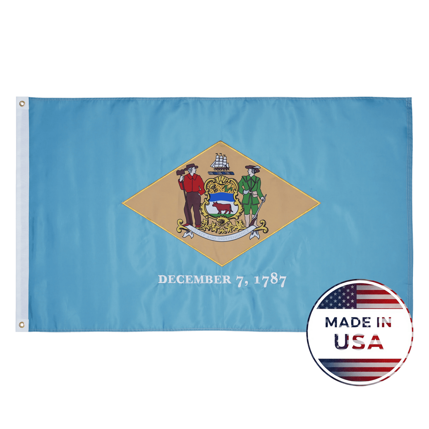 Delaware state flag with a blue background and coat of arms, featuring 'Made in USA' badge.