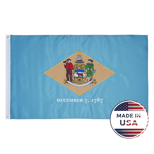 Delaware state flag with a blue background and coat of arms, featuring 'Made in USA' badge.