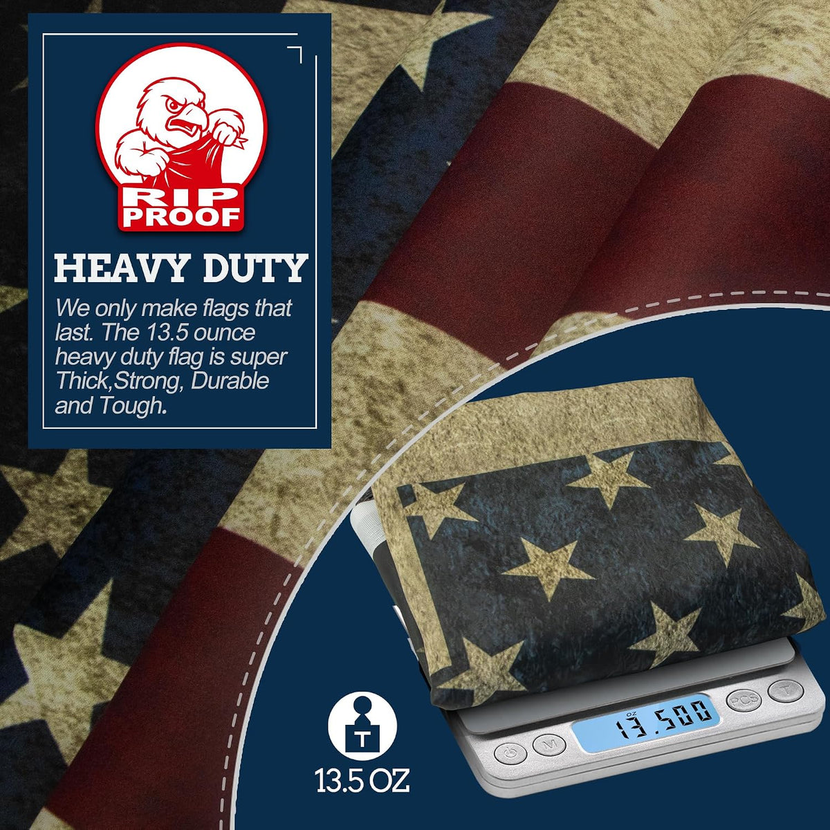 A heavy-duty American flag wallet shown on a digital scale displaying 13.5 oz, with a navy blue graphic overlay explaining the product's features and showing the Flip Proof brand logo.