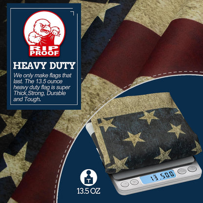 A heavy-duty American flag wallet shown on a digital scale displaying 13.5 oz, with a navy blue graphic overlay explaining the product's features and showing the Flip Proof brand logo.