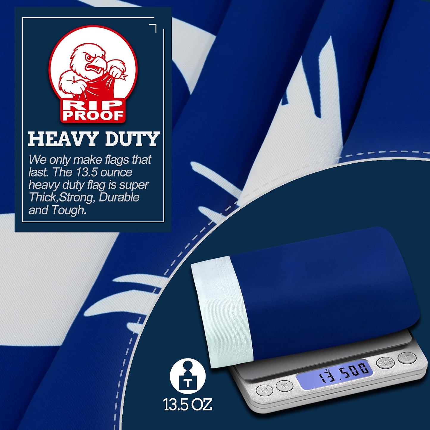 A navy blue and white heavy-duty flag with a white vertical stripe, shown alongside a digital scale displaying 13.5 oz and a product information card for 'RIP PROOF HEAVY DUTY'.