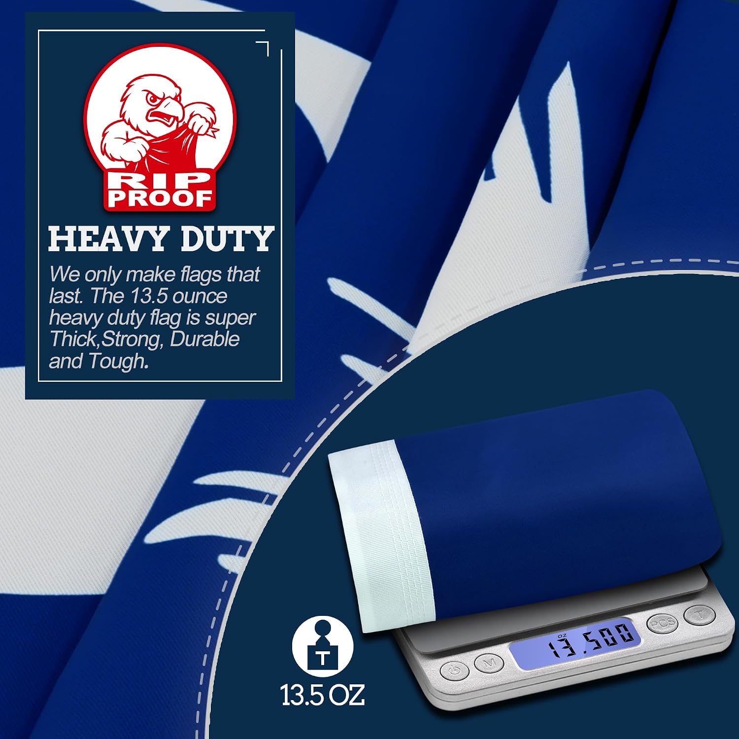 A navy blue and white heavy-duty flag with a white vertical stripe, shown alongside a digital scale displaying 13.5 oz and a product information card for 'RIP PROOF HEAVY DUTY'.