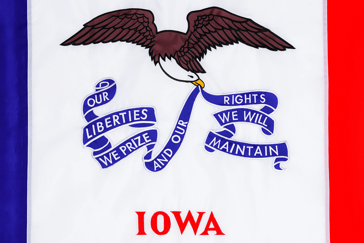 Iowa state flag embroidered detail and fabric construction