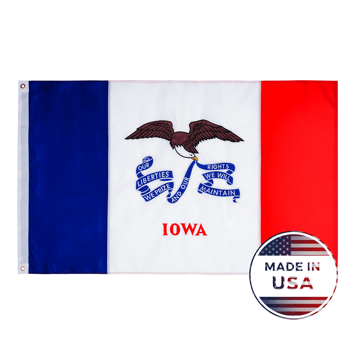 Iowa state flag made in USA with embroidered outdoor construction
