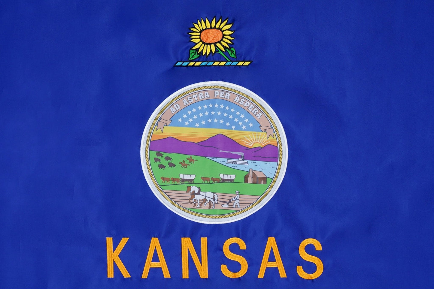Kansas state flag embroidered detail and fabric construction