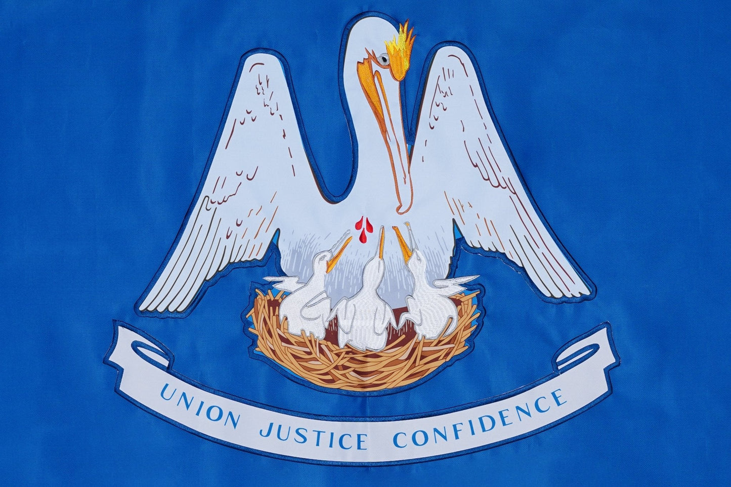 Louisiana state flag embroidered detail and fabric construction