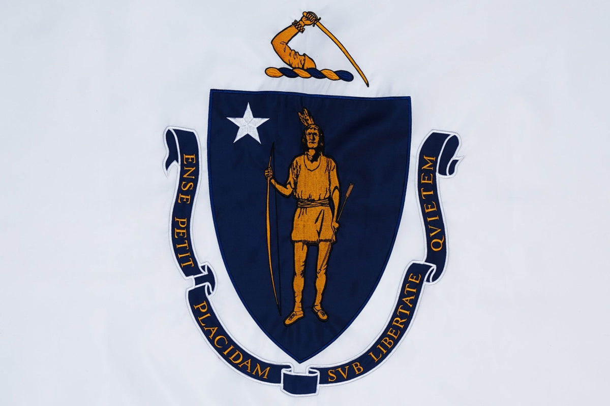 Massachusetts state flag embroidered detail and fabric construction