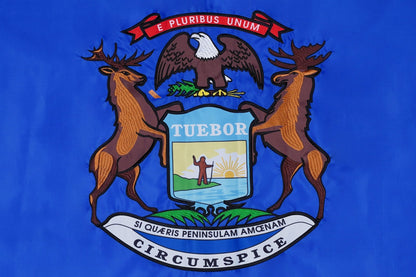 Michigan state flag embroidered detail and fabric construction