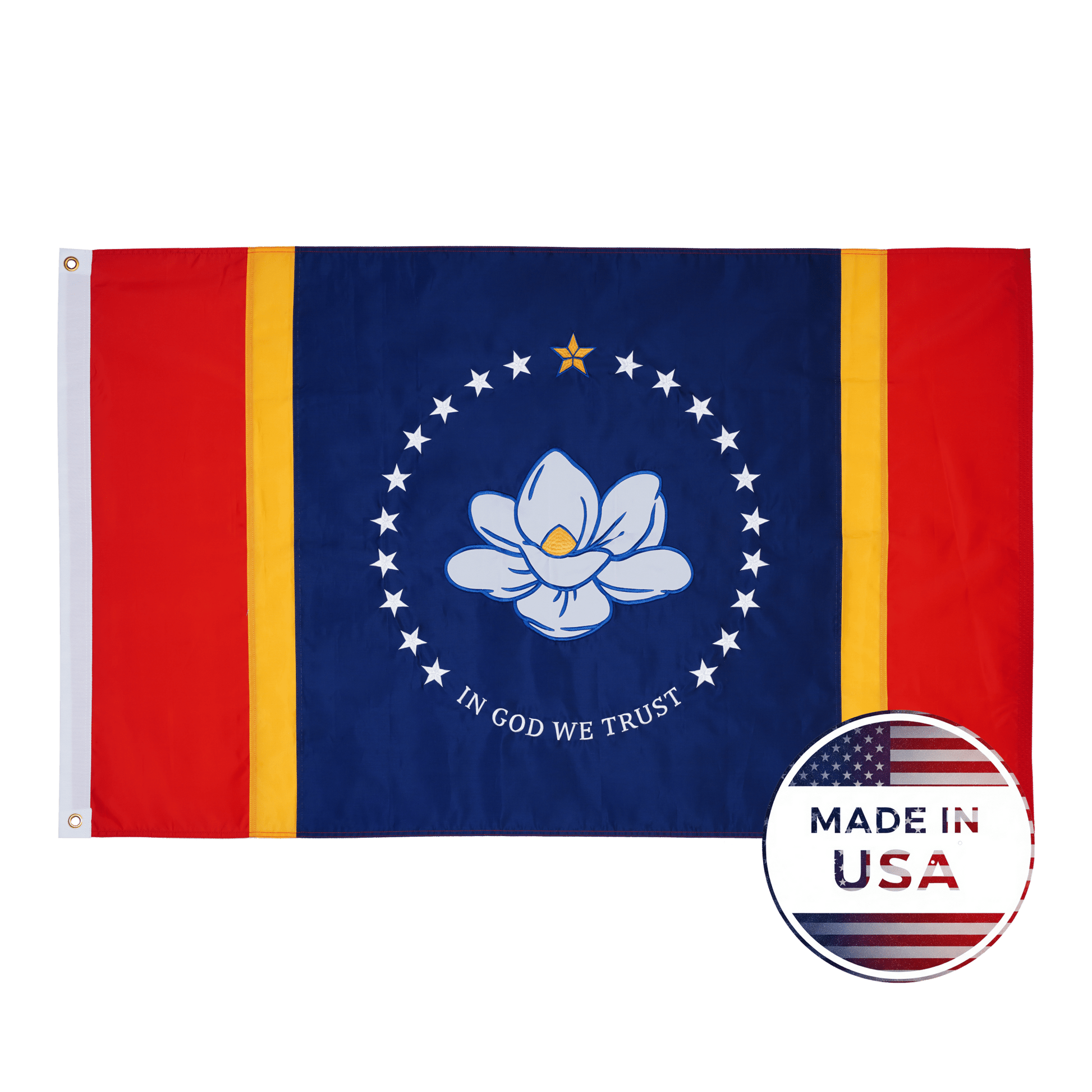 Mississippi state flag made in USA with embroidered outdoor construction