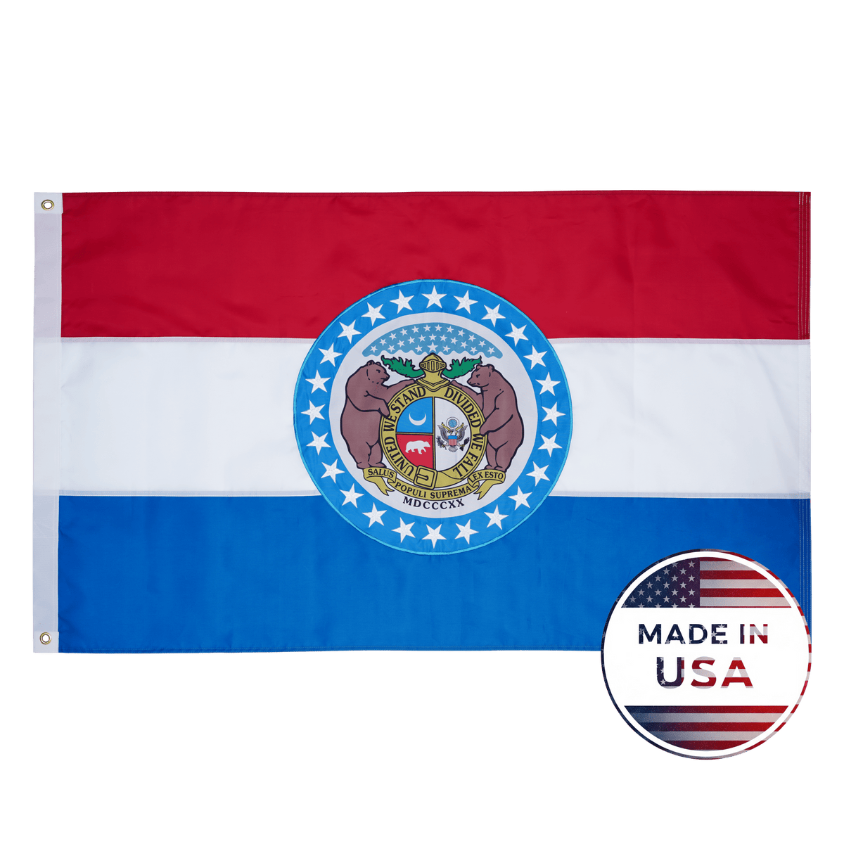 Missouri state flag made in USA with embroidered outdoor construction
