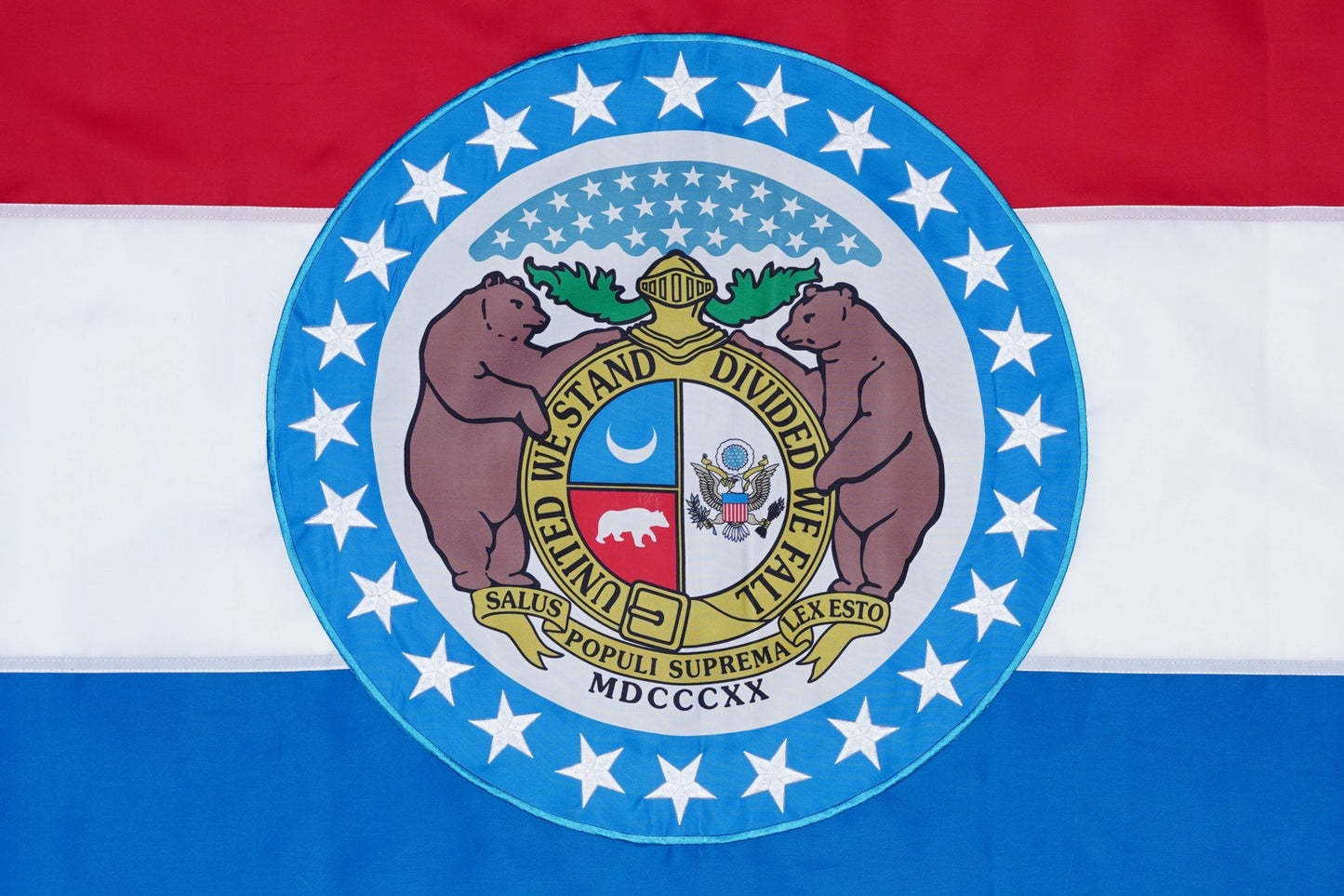 Missouri state flag embroidered detail and fabric construction