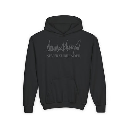 Never Surrender Signature Hoodie – Youth Edition featuring a bold design, crafted for comfort and style, perfect for kids.