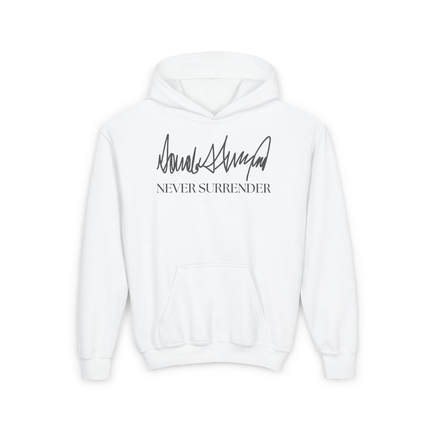 Never Surrender Signature Hoodie – Youth Edition featuring a bold design, crafted for comfort and style, perfect for kids.