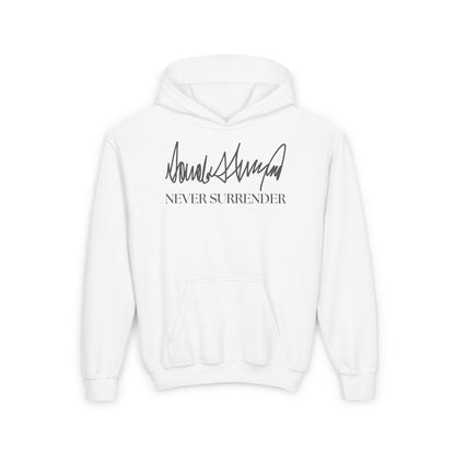 Never Surrender Signature Hoodie – Youth Edition featuring a bold design, crafted for comfort and style, perfect for kids.