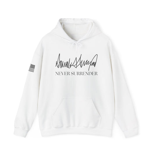 Never Surrender Signature Hoodie featuring a bold design, symbolizing resilience and determination, crafted for comfort and style.