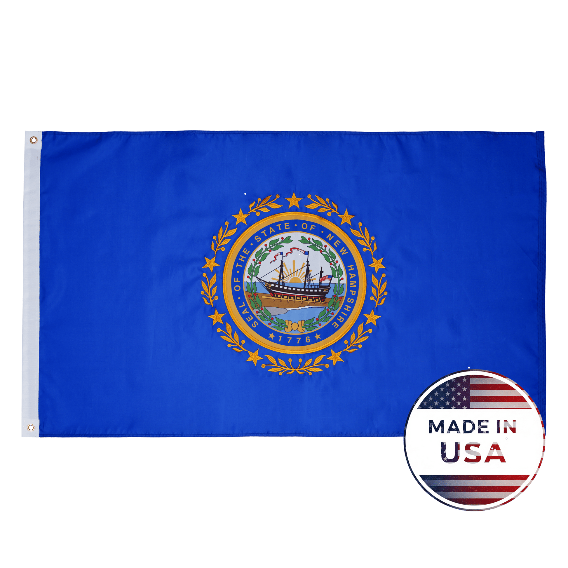 New Hampshire state flag made in USA with embroidered outdoor construction