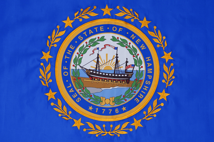 New Hampshire state flag embroidered detail and fabric construction