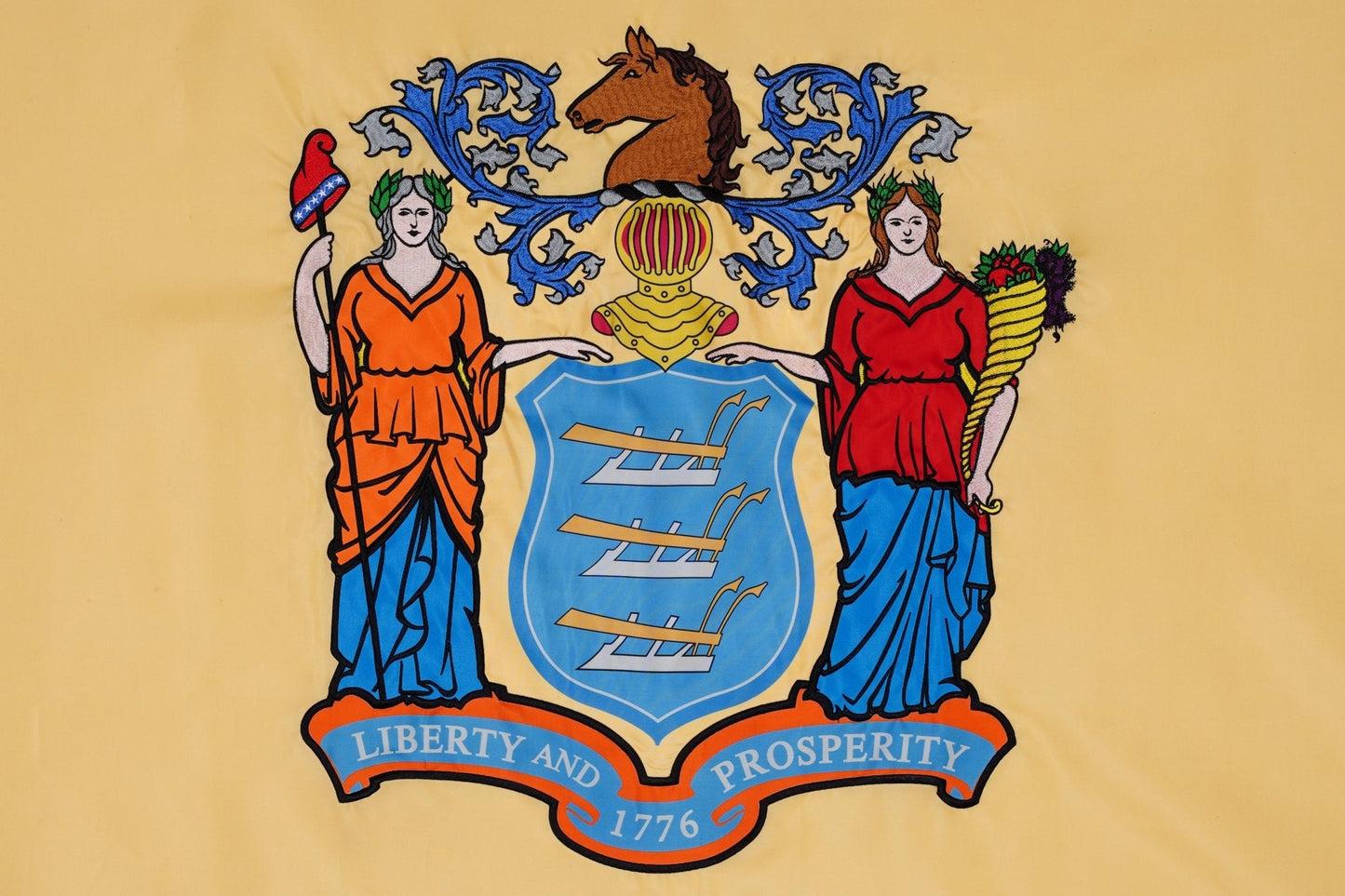 New Jersey state flag embroidered detail and fabric construction