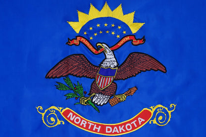 North Dakota state flag embroidered detail and fabric construction