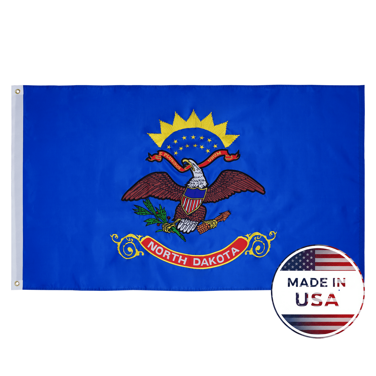 North Dakota state flag made in USA with embroidered outdoor construction