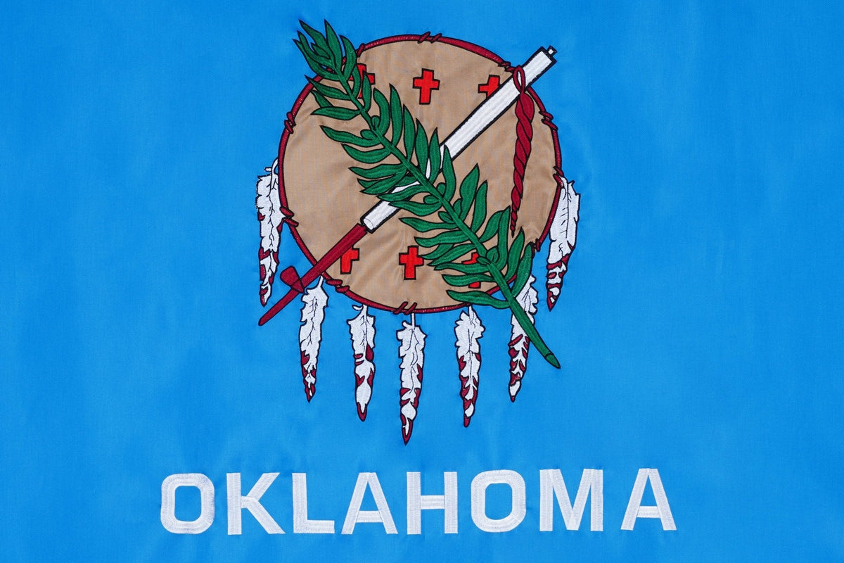 Oklahoma state flag embroidered detail and fabric construction