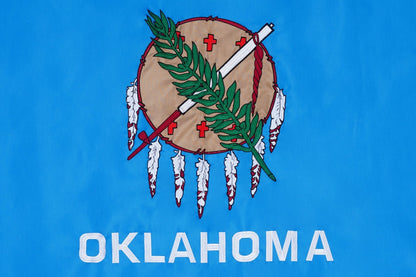 Oklahoma state flag embroidered detail and fabric construction