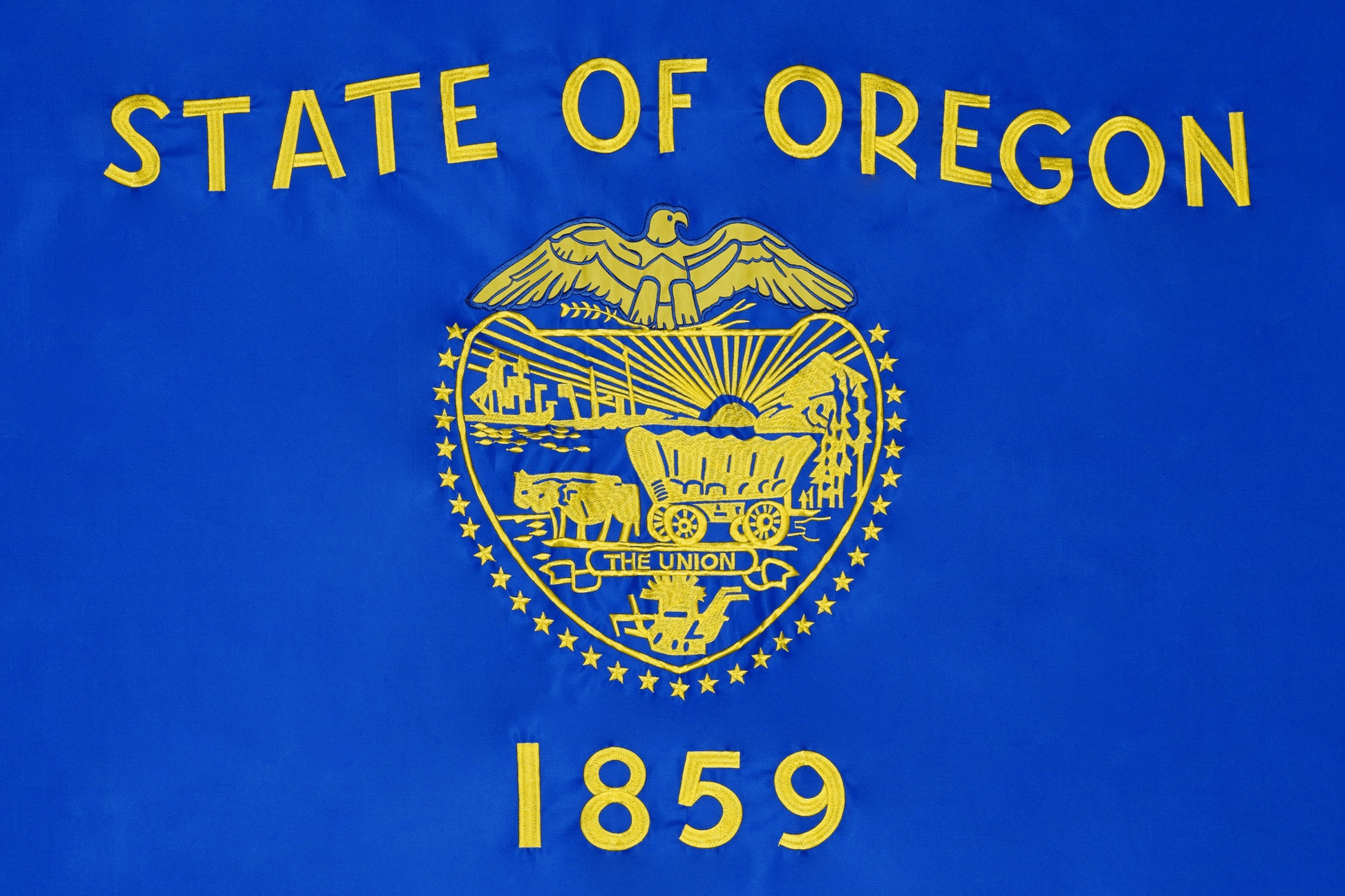 Oregon state flag embroidered detail and fabric construction