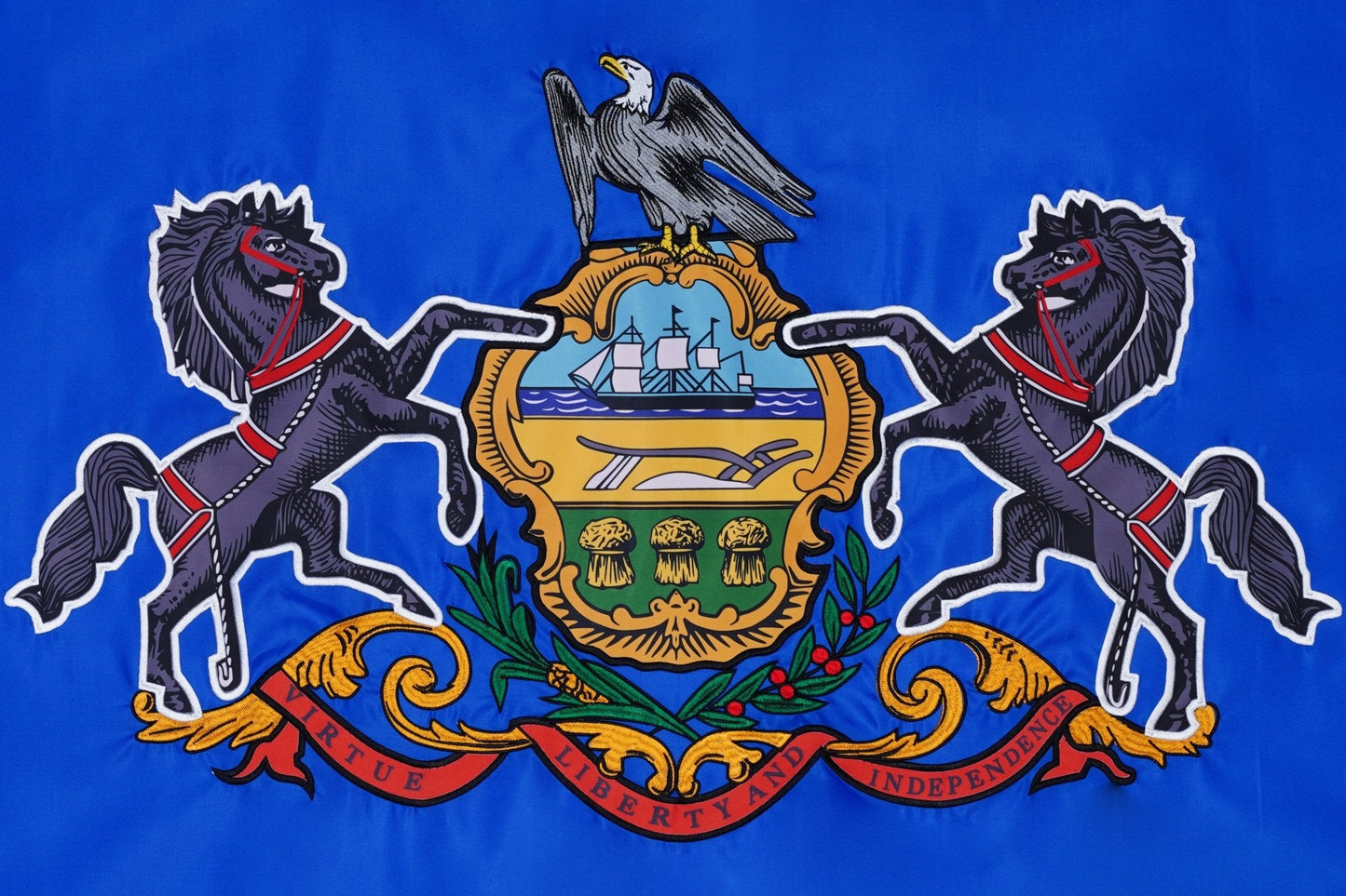 Pennsylvania state flag embroidered detail and fabric construction