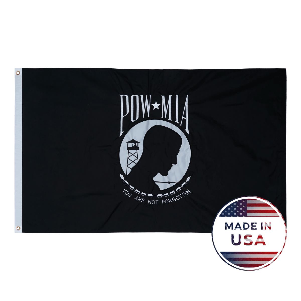 Black and white POW/MIA flag made in USA with double-sided construction