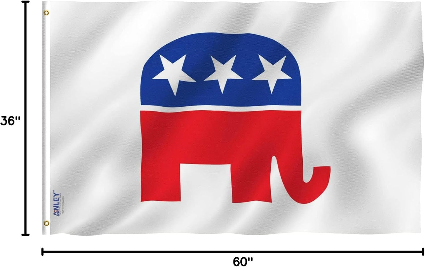 Republican Party flag with blue elephant and white stars, displayed with dimensions.