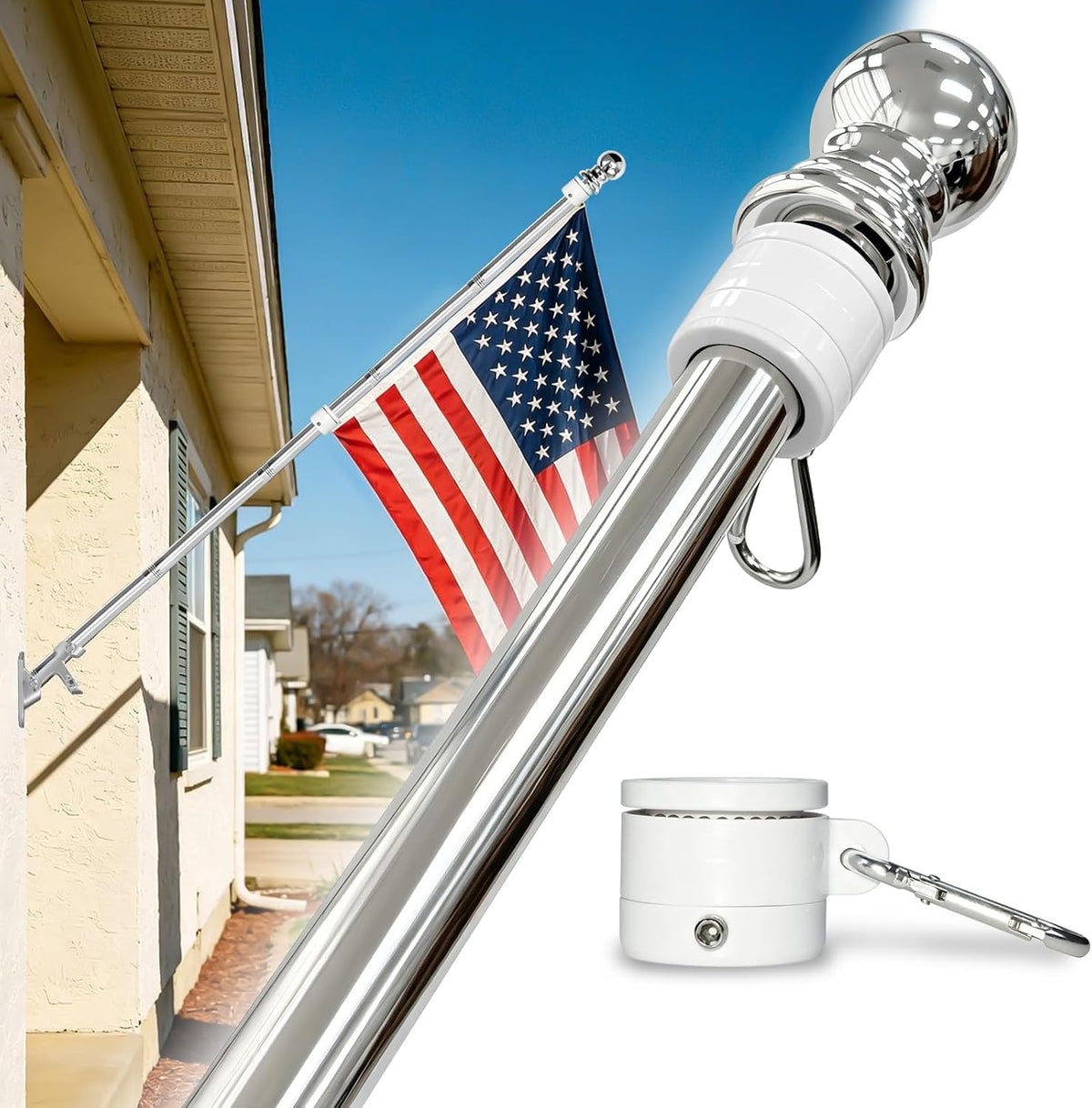 6FT Stainless Steel Flagpole - Tangle-Free Outdoor Flagpole Kit Without Bracket