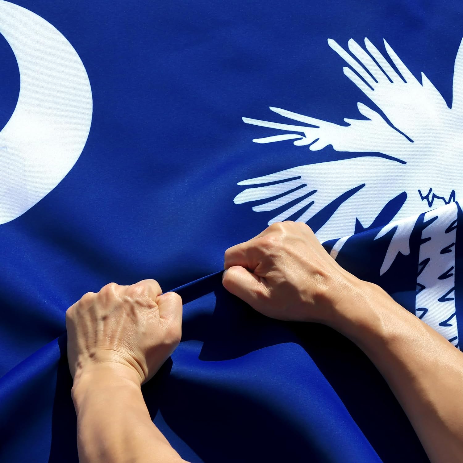 Close-up of a person's hands holding and waving a blue flag with a white palm tree and partial white emblem visible.