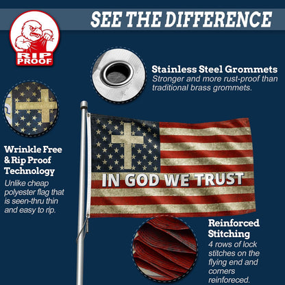 A promotional graphic for a patriotic US flag with a Christian cross, featuring text callouts about stainless steel grommets, rip-proof technology, and reinforced stitching, plus a flagpole and circular inset detail images on a dark blue background.