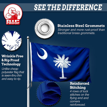 A promotional product graphic for a blue South Carolina state flag on a silver flagpole. The image includes text callouts and circular detail insets highlighting features such as stainless steel grommets, rip-proof technology, and reinforced stitching.