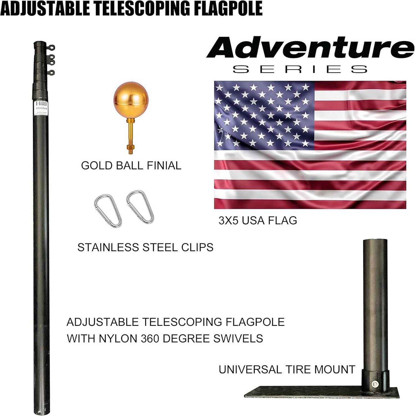 20FT Portable Tailgate Flag Pole Kit – Black Aluminum Flagpole with Stainless Steel Mount, Anti-Wrap Rings & Protective Foam Pad