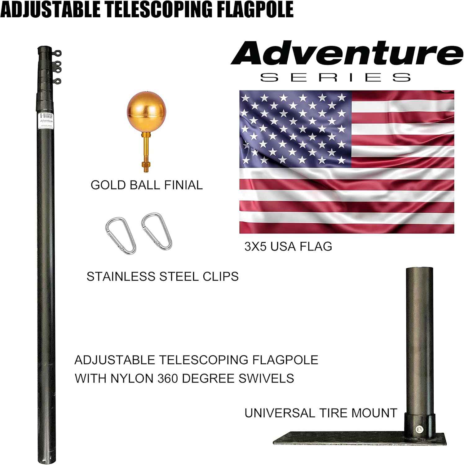 20FT Portable Tailgate Flag Pole Kit – Black Aluminum Flagpole with Stainless Steel Mount, Anti-Wrap Rings & Protective Foam Pad