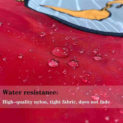 Red fabric with water droplets and a butterfly design, highlighting water resistance.
