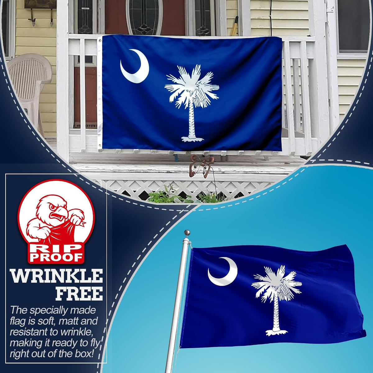 A South Carolina state flag shown hanging on a front porch, with a smaller inset of the same flag on a pole and a promotional badge reading 'R.I.